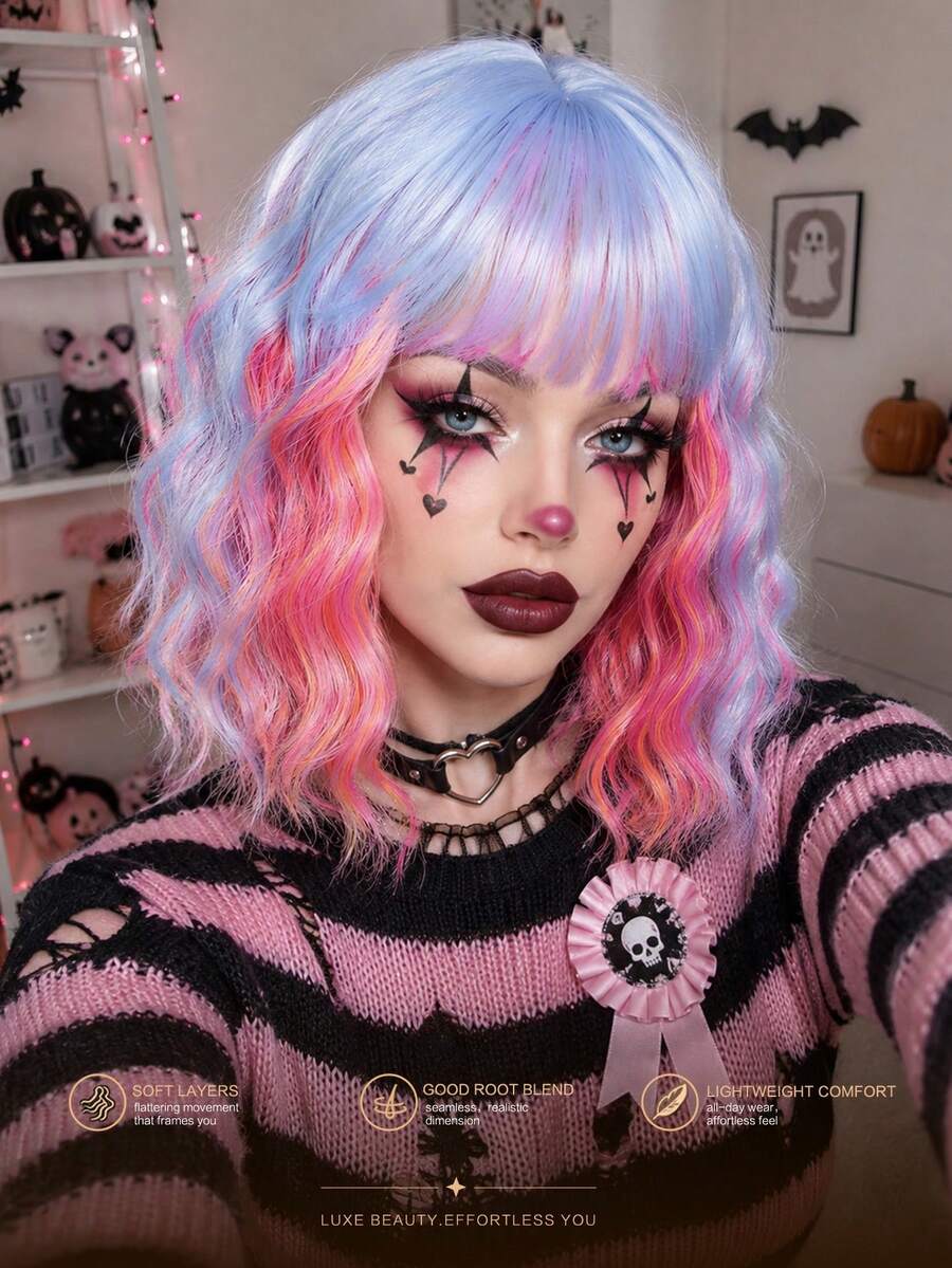 Blue Pink Orange Ombre 12Inch Synthetic Wig Full Bangs Water Wave Bob Layered Cut Vibrant Cosplay Look Fashion Accessory For Daily, Party, Halloween & Christmas - Multicolor - View 1