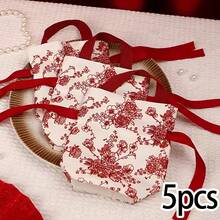 5/10pcs Red Elegant Canvas Drawstring Bags, Handheld Bow Fabric Storage Bags, Jewelry & Accessories Organizer, Wedding Candy Gift Bags, Wide Webbing, Portable Storage Bags, Reusable, Birthday Gift Packaging Bags - One Size Fits All - View 12