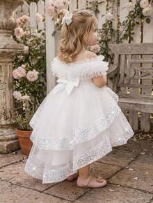 Baby Girls Sequin Mesh Cute Flower Girl Dress With Train, Suitable For Party, Birthday, Outing, Headband Not Included - White - View 2