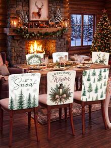 6Pcs Winter Christmas Chair Covers/Backrest Covers, Frost Pine Tree & Reindeer Pattern Dining Chair Covers, Suitable For Home, Hotel And Kitchen Winter Holiday Seat Protection - Multicolor - View 4