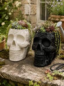 1pc Gothic Skull Planter With Embossed Floral Design, Decorative Succulent Flower Pot For Garden, Patio, Porch, Balcony & Home Decor, Halloween Decoration - A - View 6