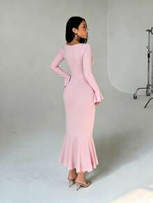 Autumn Solid Color Round Neck Ruffle Long Sleeve Dress Elegant Dress Party Date Casual - Pink - View 5