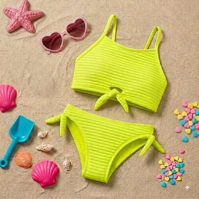 BIQUÍNI CROPPED MENINA LYCRA TEXTURIZADA FORRADO PROTEÇÃO UV 50+ AMARELO NEON