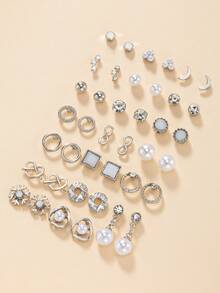20 Pairs Women's Fashion Stud Earrings Set, Moon Snowflake Square Round Geometric Heart Faux Pearl Rhinestone Multi-Element Combination Earrings, Suitable For Casual Daily Wear, Vacation, Exquisite Jewelry, Holiday Gift - Silver - View 4