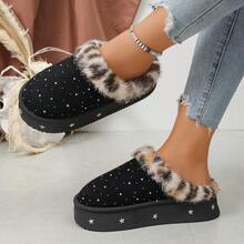 Leopard Print Faux Fur Trim Closed Toe Slippers For Women, Autumn/Winter Outdoor Wear, Starry Rhinestone Thick Sole Thermal Lined Warm Slippers - Black - View 7