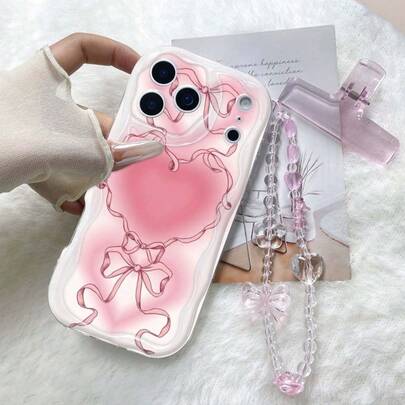 Funda de teléfono con estampado de lazo de cinta con corazón rosa degradado y borde ondulado crema, carcasa blanda transparente con lazo de corazón y cadena de cristal para niñas, compatible con Galaxy S22/23/24/S25/A04/05/06/A07/A17/A14/A15/A16/A24/A25/A34, Note 7/8/9/10/11/12/13/14, 9/10/12/13C/14C/A5, Honor X, HW