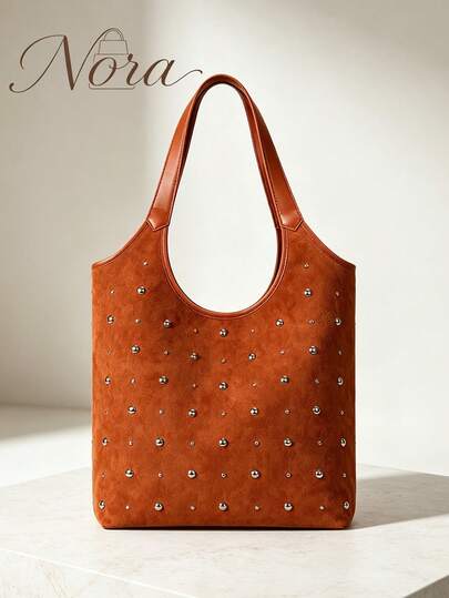 American Vintage Faux Suede Rivet Tote Bag For Women, Maillard Style Patchwork PU Shoulder Strap Shoulder Bag, Large Capacity Commuter Versatile Underarm Bag