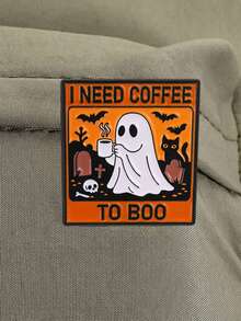1pc Halloween Ghost Coffee Enamel Pin, "I Need Coffee To Boo" Funny Quote Badge, Cemetery Cat Bat Design, Gift For Friends - Multicolor - View 7