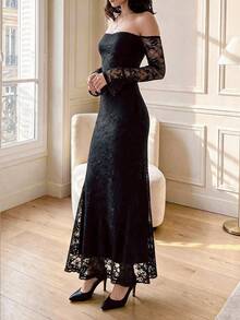 QUNGIGU Women's Elegant Lace Off-Shoulder Bell Sleeve Maxi Dress, Formal Evening Gown Suitable For Cocktail Parties And Dinner Events - Black - View 5