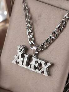 A Set New Customized Name Jewelry,18k Gold Stainless Steel Love Crown Pendant,Engravable Characters, Teen Bracelet Necklace Set,Back To School Fashion - Frosted Necklace - View 11
