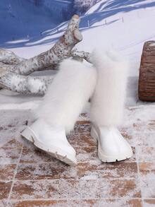 1 Pair Autumn/Winter New Fluffy Long Fur Decor Shiny Warm Comfortable Round Toe Back Zipper Design Mid-Calf Classic Kids Boots - White - View 7