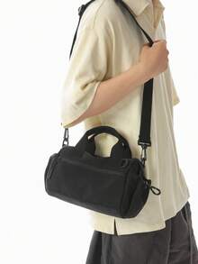 Men's Lightweight Nylon Cylinder Crossbody Bag, Handheld And Crossbody Dual-Use Small Bag With Multiple Zipper Pockets, Casual Commute, Sling, Travel - Black - View 5