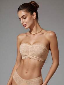 1pc Women's Romantic Sexy Lace Trim Wire-Free Padded-Free Comfortable Bandeau Bra - Apricot - View 3