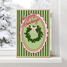 1pc Coquette Pink Bow Christmas Wreath Canvas Wall Art, Happy Holidays Poster Print, Vintage Preppy Green Striped Painting Picture Artwork, Cute Holiday Wall Decor For Girls Bedroom Home Unframed Or Framed/Wooden Hanging - Pattern - View 6