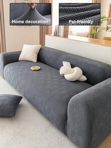 1pc Plush Fabric 3D Sofa Cover, Multi-Functional Full Wrap Sofa Slipcover, Solid Color Geometric Pattern Design, Pet Friendly Anti-Slip Anti-Scratch, Protect Sofa Holiday Decor Sofa Cover, High Elasticity Full Wrap One-Piece Sofa Cover, Fits 1/2/3/4 Seater - Grey - View 1