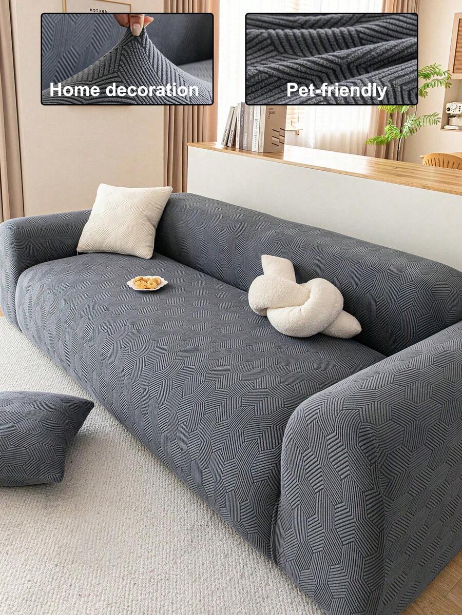 1pc Plush Fabric 3D Sofa Cover, Multi-Functional Full Wrap Sofa Slipcover, Solid Color Geometric Pattern Design, Pet Friendly Anti-Slip Anti-Scratch, Protect Sofa Holiday Decor Sofa Cover, High Elasticity Full Wrap One-Piece Sofa Cover, Fits 1/2/3/4 Seater - Grey - View 1