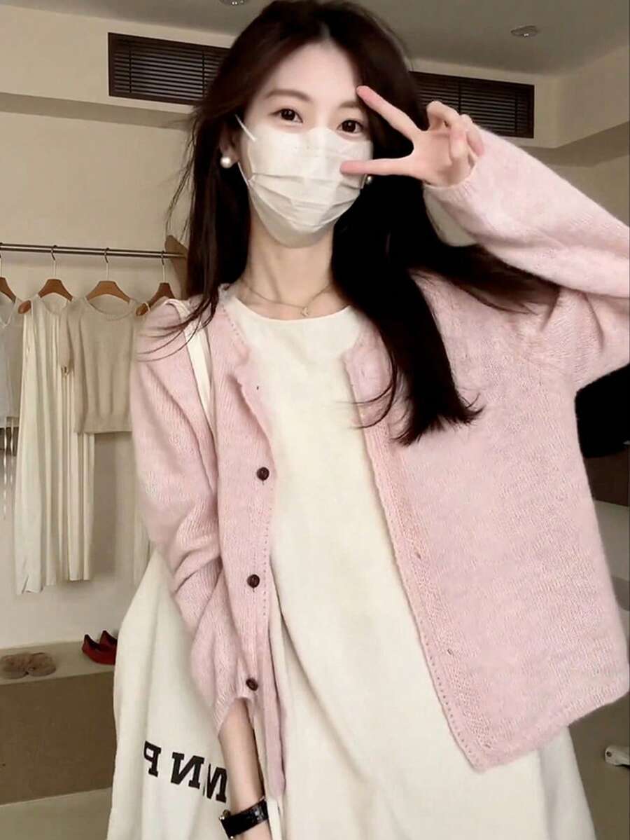 [Y6Y]韓式慵懶風純色圓領長袖針織開襟衫，秋季時尚寬鬆版型外套夾克 - 粉色 - 查看 1