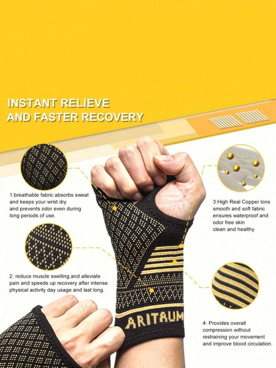 1 Pair Wrist Palm Support Gloves, Premium Nylon Hand Protection Gloves, Black With Gold Decoration, Adjustable Size, Suitable For Basketball, Tennis, Typing, Household Chores - Wrist Support Gloves - View 1