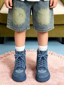 1 Pair Children's Vintage Denim Texture Boots With Embroidery And Side Zipper, Suitable For School, Casual Wear, Autumn/Winter - Blue - View 2