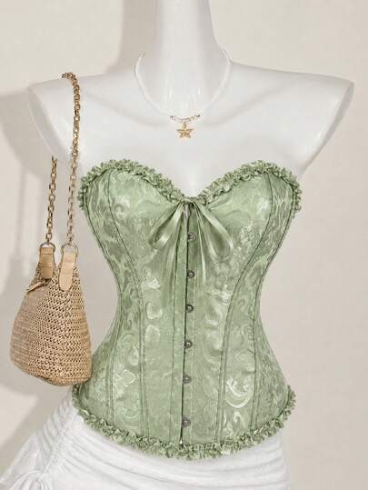 New Mint Green Women's Bandeau Top, Ruffle Trim Fitted Bustier, Suitable For Holiday Parties, Daily Wear, Etc.