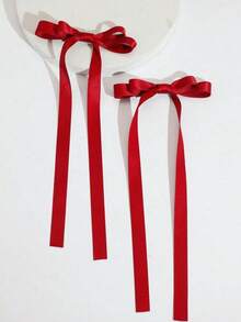 1/2pcs Glossy Satin Red Bow Hair Clips, Elegant Long Ribbon Hair Accessories, Suitable For Romantic Valentine's Day Date And Fashionable Daily Hairstyle - Red - View 5