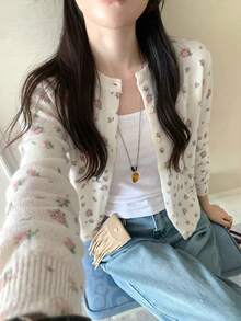 Autumn New Korean Style Gentle Ditsy Floral Cardigan Women's Round Neck Button Knit Top - White - View 5