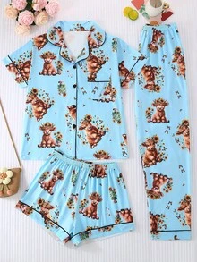 Plus Size 3-Piece Pajama Set For Women, Cool Short Sleeve, Plus Size Sleepwear Set, Plus Size Body, 3-Piece Set, Shorts And Long Pants, Lapel Button Short Sleeve, All Season Wear, Plus Size, Home Wear, Comfortable And Loose, Animal Highland Cow And Sunflower Print - Baby Blue - View 1