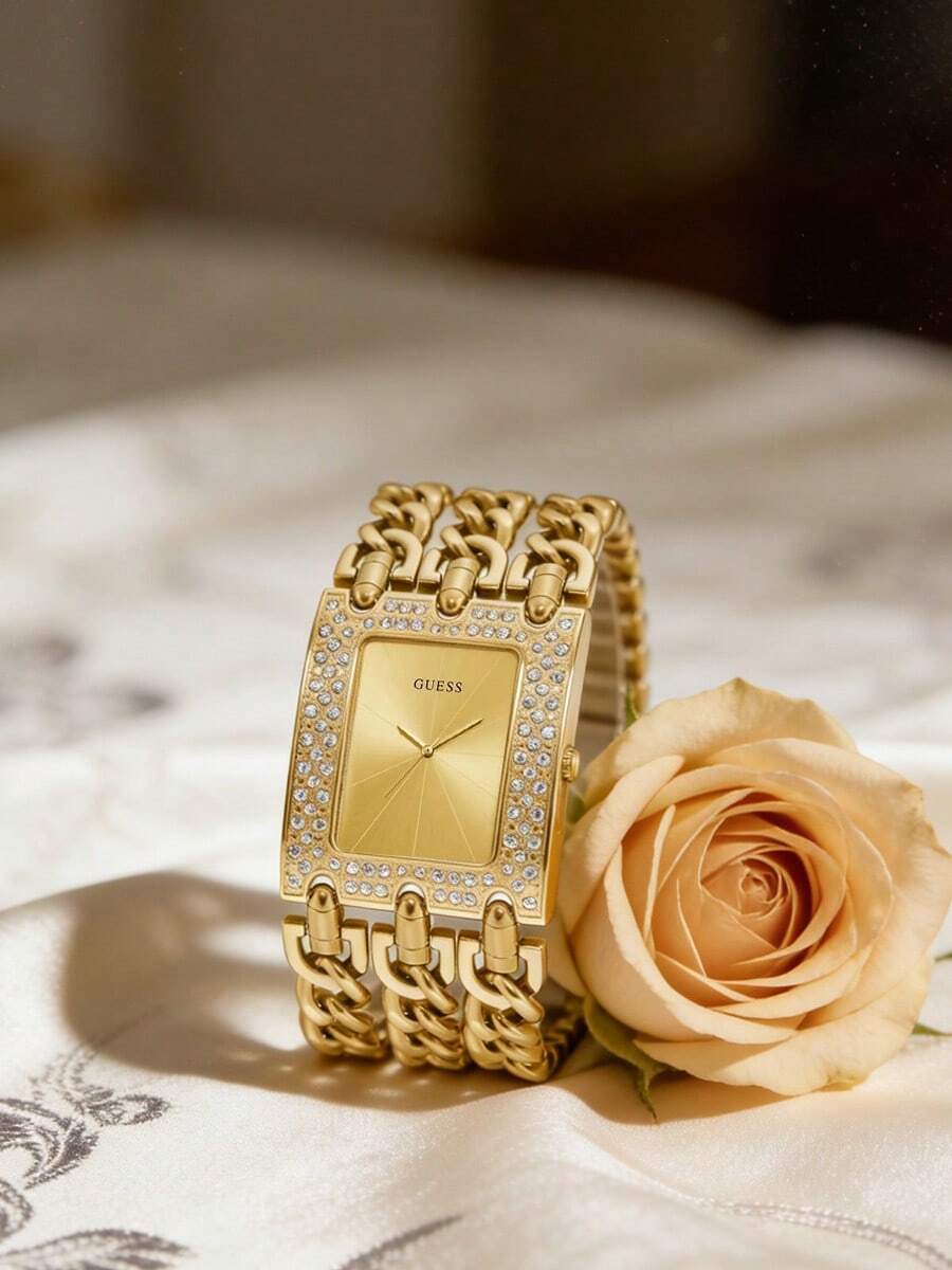 Guess Women's Square Analog Quartz Watch, Champagne Sunray Dial, Crystal-Embellished Bezel, Gold-Tone Chain Bracelet, W1275L2 - Gold - View 1