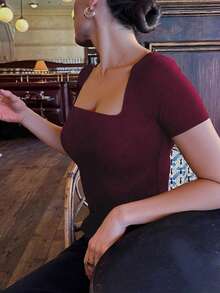 Casual Elegant Short Sleeve Square Neck Top, Suitable For Daily Wear, Commuting, Going Out, Spring/Summer - Plum Color - View 5