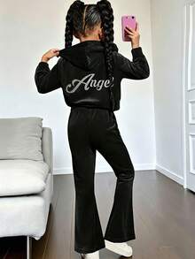 2pcs/Set Girls Toddler Casual Solid Color Soft Comfortable Knit Fabric Back Angel Letter Graphic Long Sleeve Hooded Jacket And Flared Pants Set, Suitable For Outdoor Wear, Autumn/Winter - Black - View 4