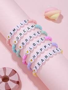 6pcs Kids Inspirational Letter Bracelets Set | Macaron Color Beaded Bracelets For Girls Friendship Jewelry - Multicolor - View 3