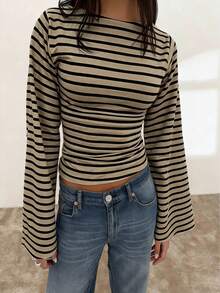 Striped Contrast Color Ribbed Long Sleeve T-Shirt For Women, Casual Home Wear - Coffee Black - View 4