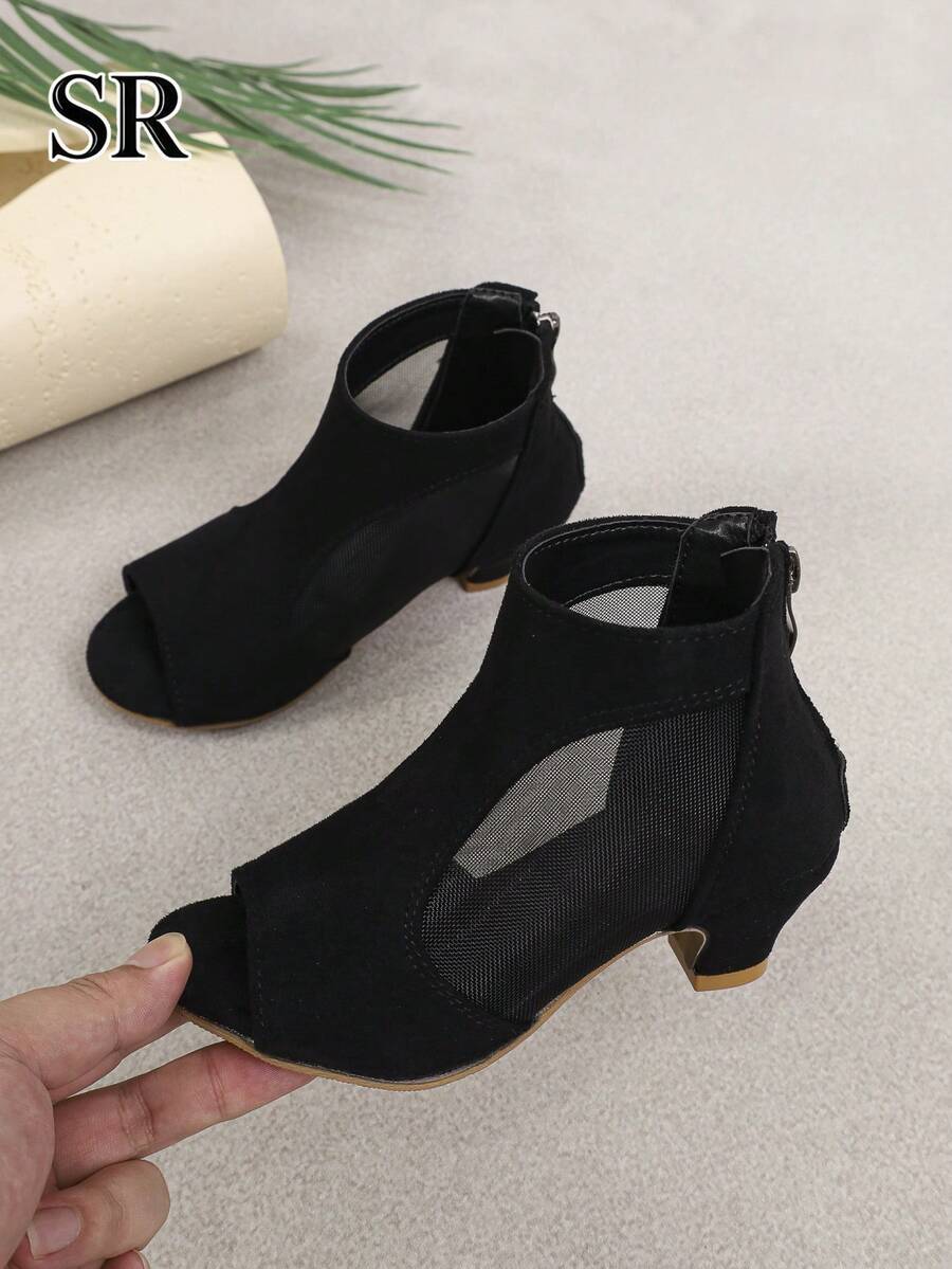1 đôi giày cao gót hở mũi lưới đen cho bé gái, bốt cao gót đa năng, sandal cao gót đi hàng ngày và dự tiệc - màu đen - Xem 1