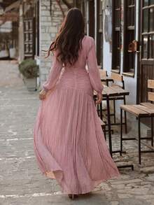 Elegant Round Neck Front Cutout Evening Gown, Suitable For Weddings, Galas, Anniversaries And Formal Occasions Party Fall - Dusty Pink - View 2