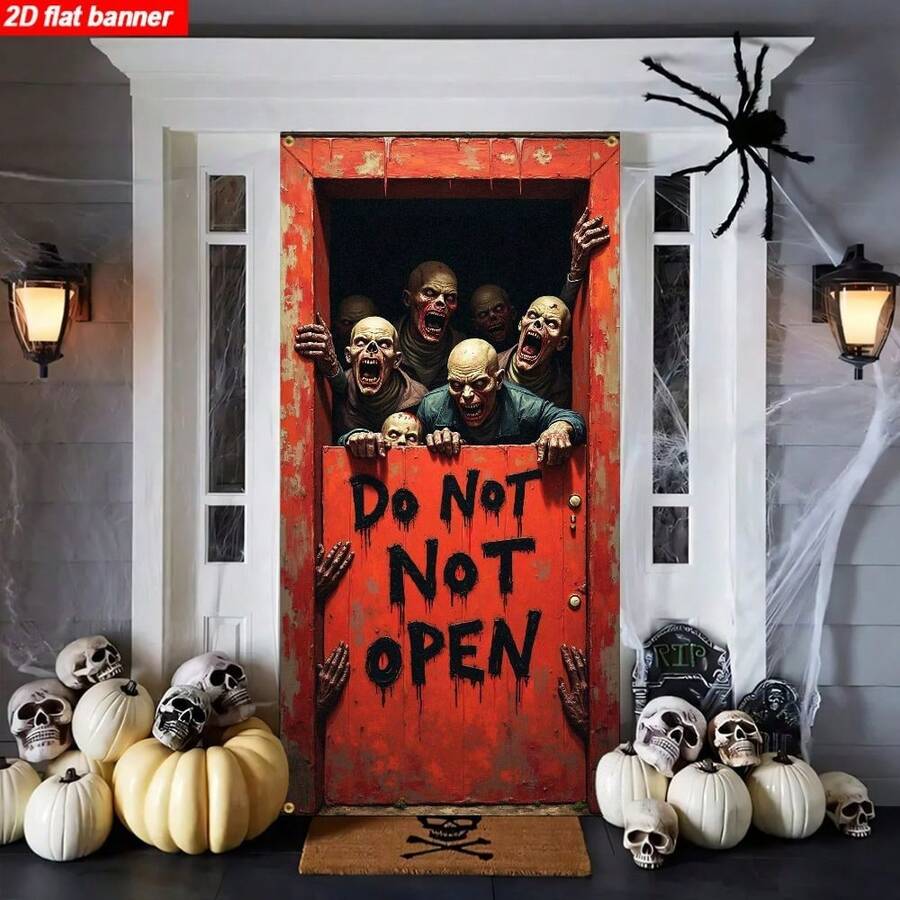 2D Flat Door Banner, 1pc, Halloween Theme, Upcoming Scary Zombie, Door With "Do Not Open" Sign, Spooky Haunted House Entrance Decoration - A - View 1