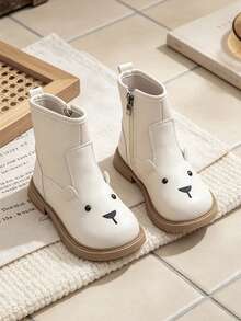 1 Pair Kids Soft Cute Cartoon Bear Decor Short Leather Boots, Easy On/Off Side Zipper Design, Suitable For Casual Outings, Parent-Child Matching, Autumn/Winter - Beige - View 7