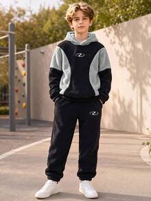 Boys' Autumn/Winter Black & Grey Curved Colorblock Hooded Sweatshirt And Warm Cuffed Sweatpants 2 Pieces Set With Circular Geometric Digital Print - Multicolor - View 3