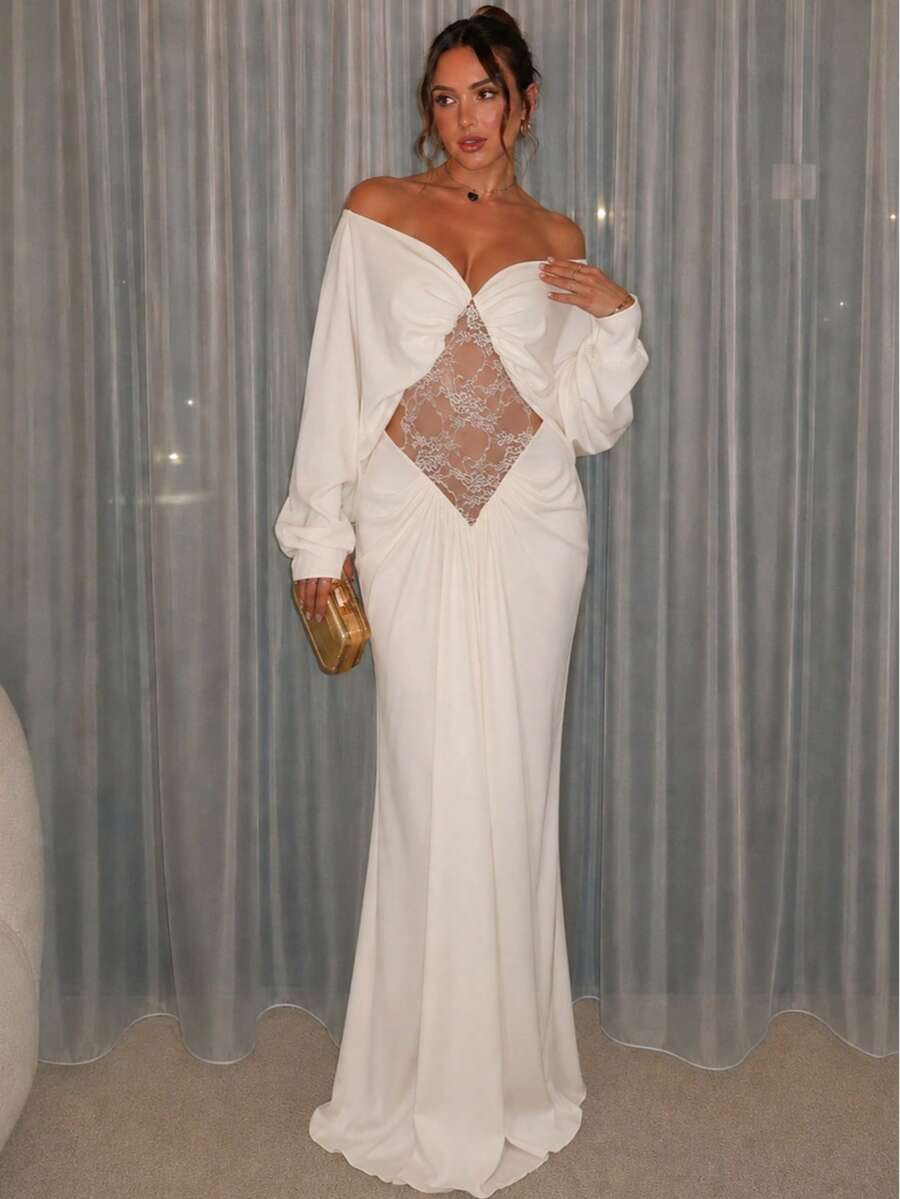 Kliou Elegant Lace Patchwork Dress Women Fashion Simple Ruched Slash Neck Batwing Sleeve Evening Party Club Long Bodycon - White - View 1