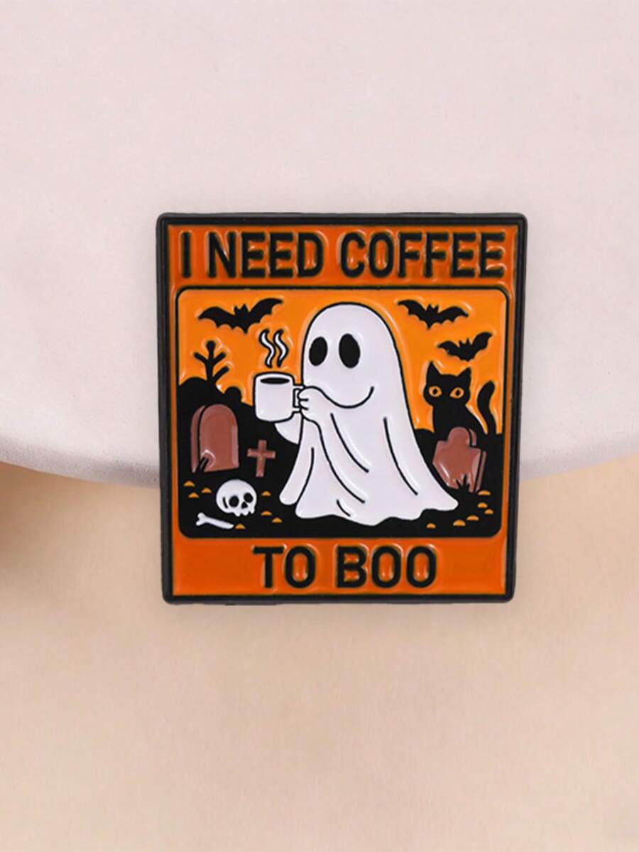 1pc Halloween Ghost Coffee Enamel Pin, "I Need Coffee To Boo" Funny Quote Badge, Cemetery Cat Bat Design, Gift For Friends