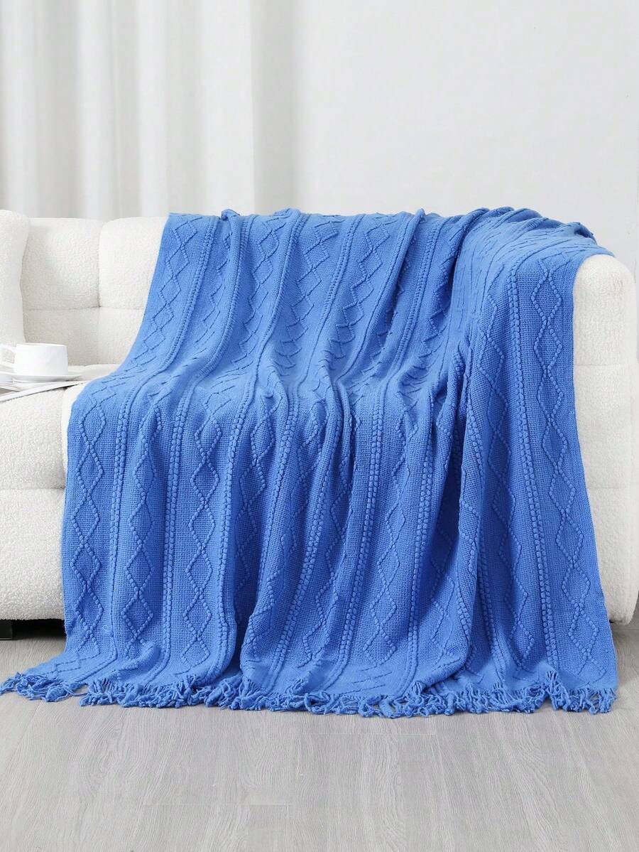 1pc Wavy Pattern Acrylic Knit Blanket, Nordic Style Rectangular Tassel Solid Color Sofa Throw Bed Decor Nap Blanket - Vertical Diamond Blue - View 1