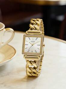 Guess Women's Square Analog Quartz Watch, Champagne Sunray Dial, Crystal-Embellished Bezel, Gold-Tone Chain Bracelet, W1275L2 - Gold - View 3