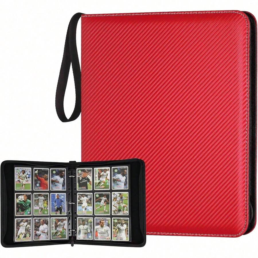 Carpeta premium de 9 bolsillos, álbum de coleccionista de 900 bolsillos para tarjetas de colección, con cremallera y 50 fundas extraíbles, compatible con tarjetas de juegos y deportes - Sarga roja - Ver 1