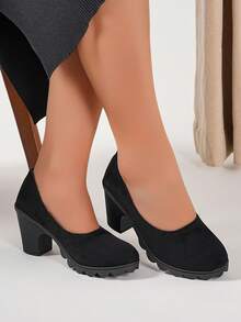 Women's Solid Color High Heel Round Toe Pumps, Low-Top Classic High Heels - Black - View 5