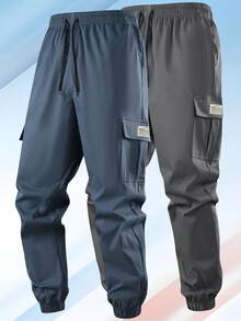 1pc Men's Multi-Pocket Solid Color Cargo Pants, Outdoor Hiking Casual Pants, Suitable For Daily Commute, Sports Training, Fitness Workout, Lightweight, Elastic Waist Drawstring, Elastic Cuffs, Long Pants, Vacation - Dusty Blue - View 4