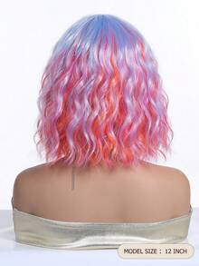 Blue Pink Orange Ombre 12Inch Synthetic Wig Full Bangs Water Wave Bob Layered Cut Vibrant Cosplay Look Fashion Accessory For Daily, Party, Halloween & Christmas - Multicolor - View 7