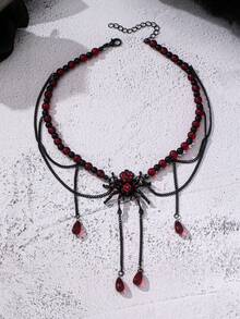 1 Pc Halloween Gothic Spider Statement Neck Choker, Multi‑Layer Tassel Teardrop Drop Beaded Neck Chain For Women Dark Party Costume Accessory - Bloody Spider Necklace - View 4