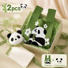 2pcs Cute Panda Handbag With Panda Accessories, Large Capacity Knitted Woven Bag, Versatile Cartoon Tote Bag, New Holiday Gift Bag Souvenir - Multicolor - View 3