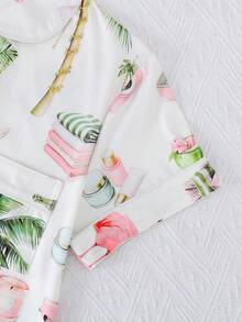 Plus Size 3-Piece Pajama Set For Women, Cool Short Sleeve, Plus Size Sleepwear Set, Plus Size Body, 3-Piece Set, Shorts And Long Pants, Lapel Button Short Sleeve, All Season Wear, Plus Size, Home Wear, Comfortable And Loose, Coconut Tree Tiger Flamingo Vacation Style Print - White - View 7
