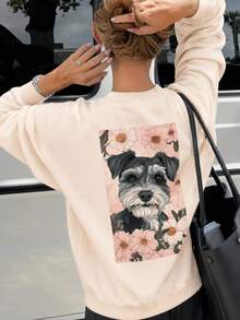 Sweatshirt Wanita Minimalis Terbaru Musim Dingin dengan Motif Anak Anjing, Kerah Bulat Kasual, Modis dan Serbaguna - Aprikot - View 1