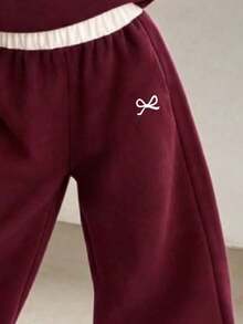 Young Girl Cartoon Bow Print White Collar Pullover Warm Sweatshirt And Pants Set - Burgundy - View 5